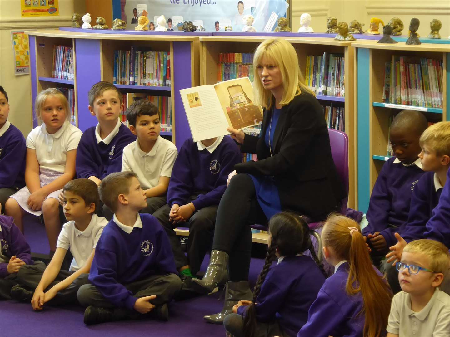 Rosie Duffield reads to reading contest winners Koala Class at St John's CofE Primary School in Canterbury.