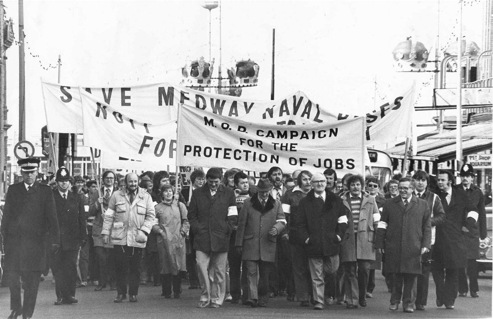 Defiant dockyard workers take their protests to the TUC conference in October, 1981