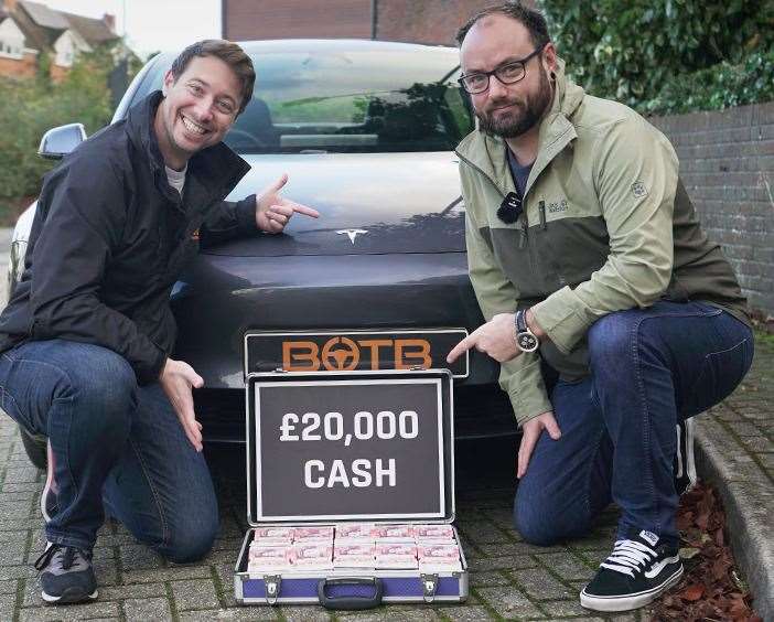 The latest win for Rikki Tronson, of Borough Green, near Sevenoaks, pictured on the right alongside BOTB's Christian Williams, saw him claim £20,000 and a new Tesla car. Picture: BOTB