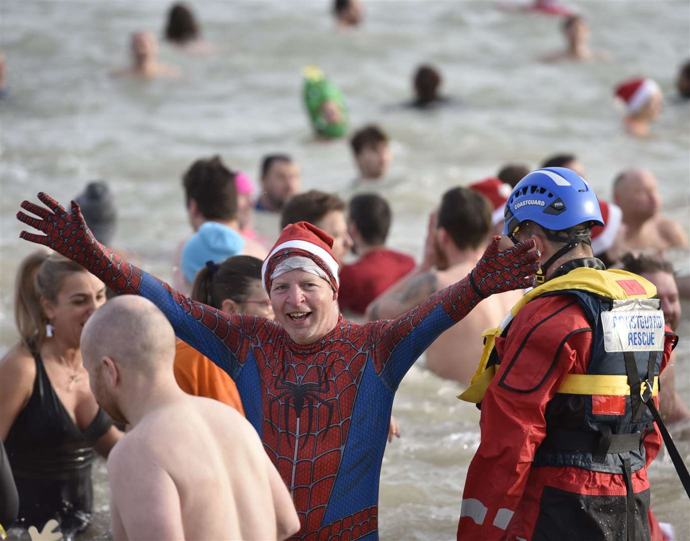 Spiderman among the swimmers in Deal. Picture: Carol Fenton/The Unofficial Photographer