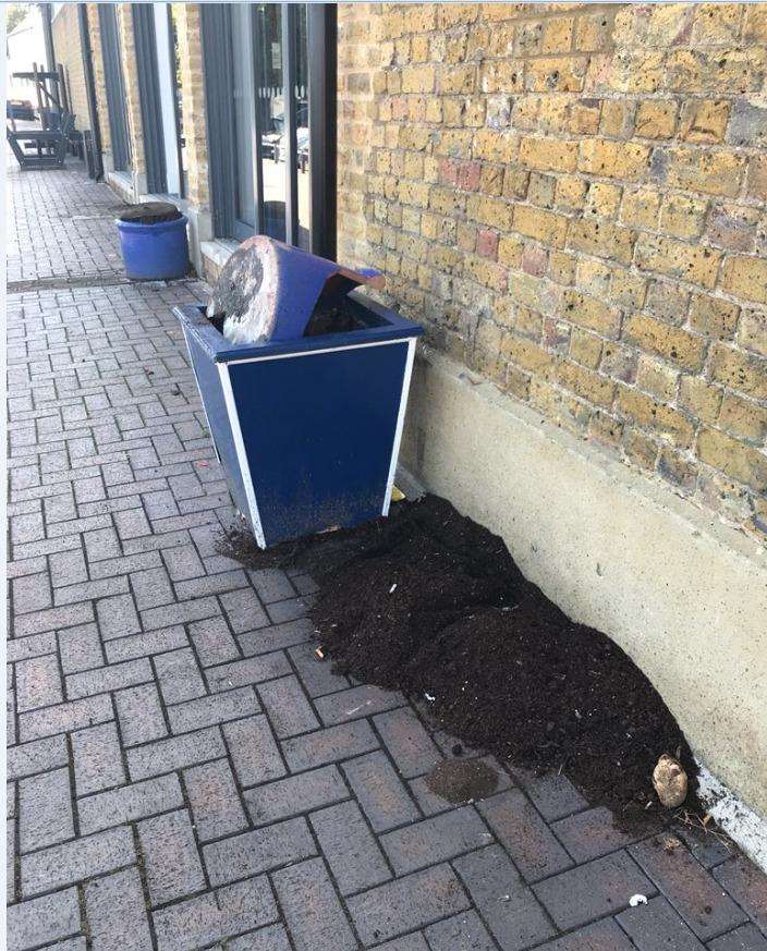 Vandals smashed plant pots and overturend benches (3562962)