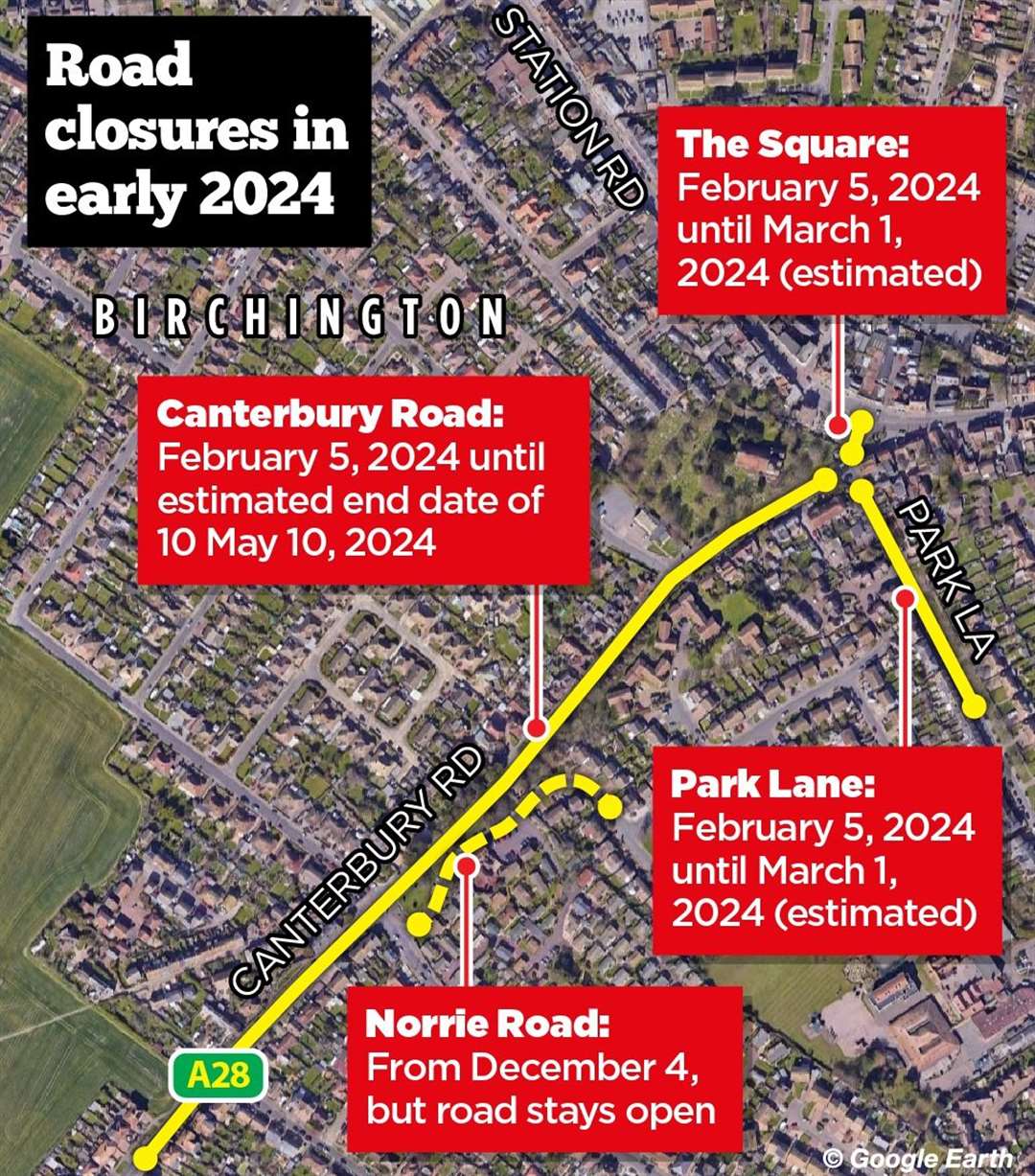The roads which will be blocked during the work in Birchington