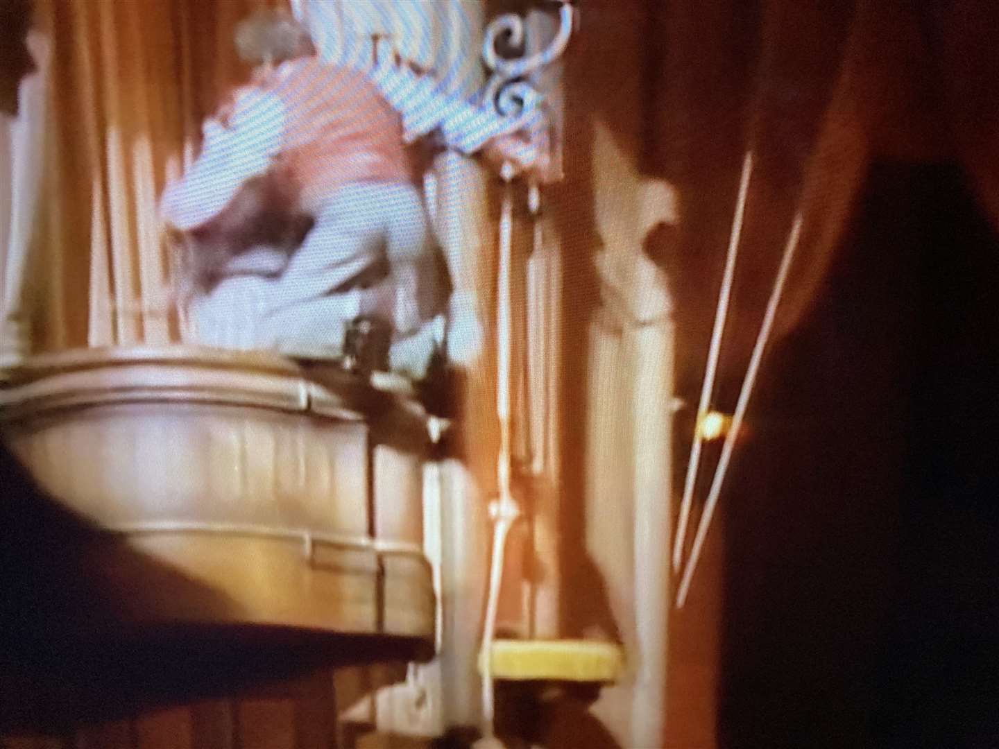 Michael Crawford as Barnum climbing up to a balcony at the London Palladium. Picture: Channel 5 documentary Some Mothers Do 'Ave 'Em