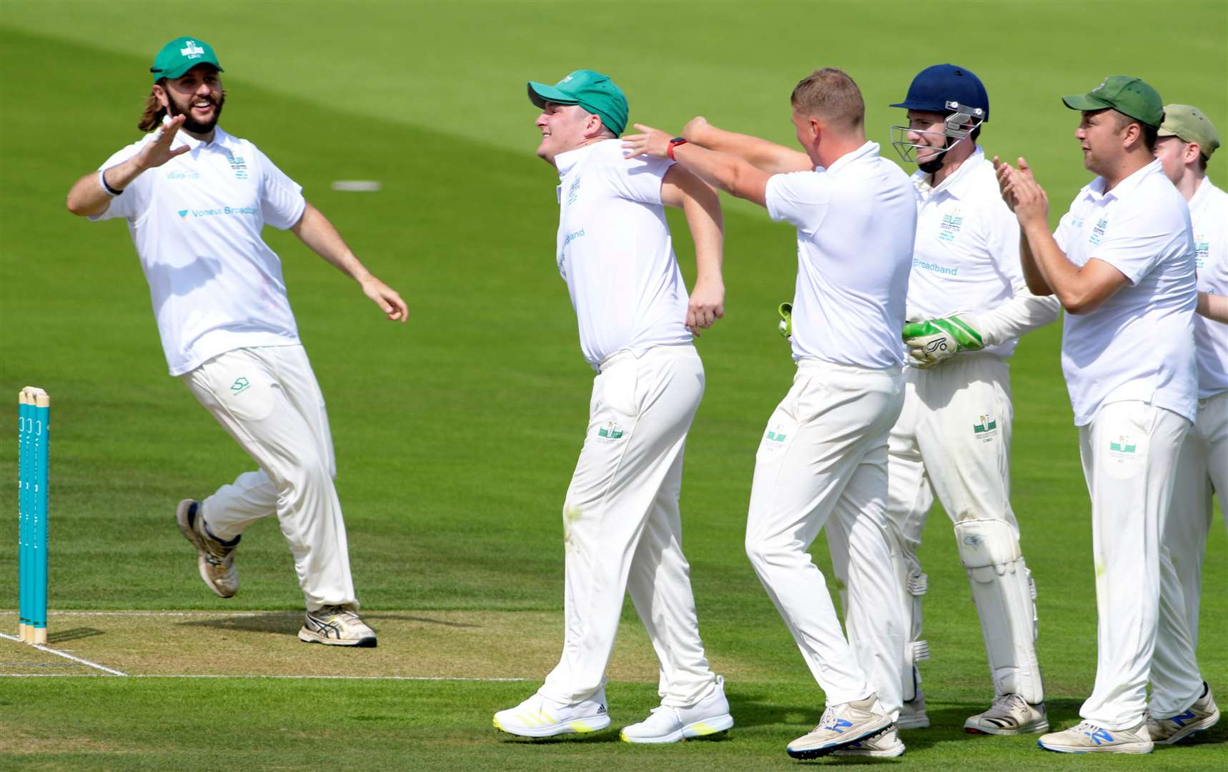 Ed Scrivens celebrates the wicket of Phillip Cheadle, caught by Monte McCague at slip. Picture: Barry Goodwin