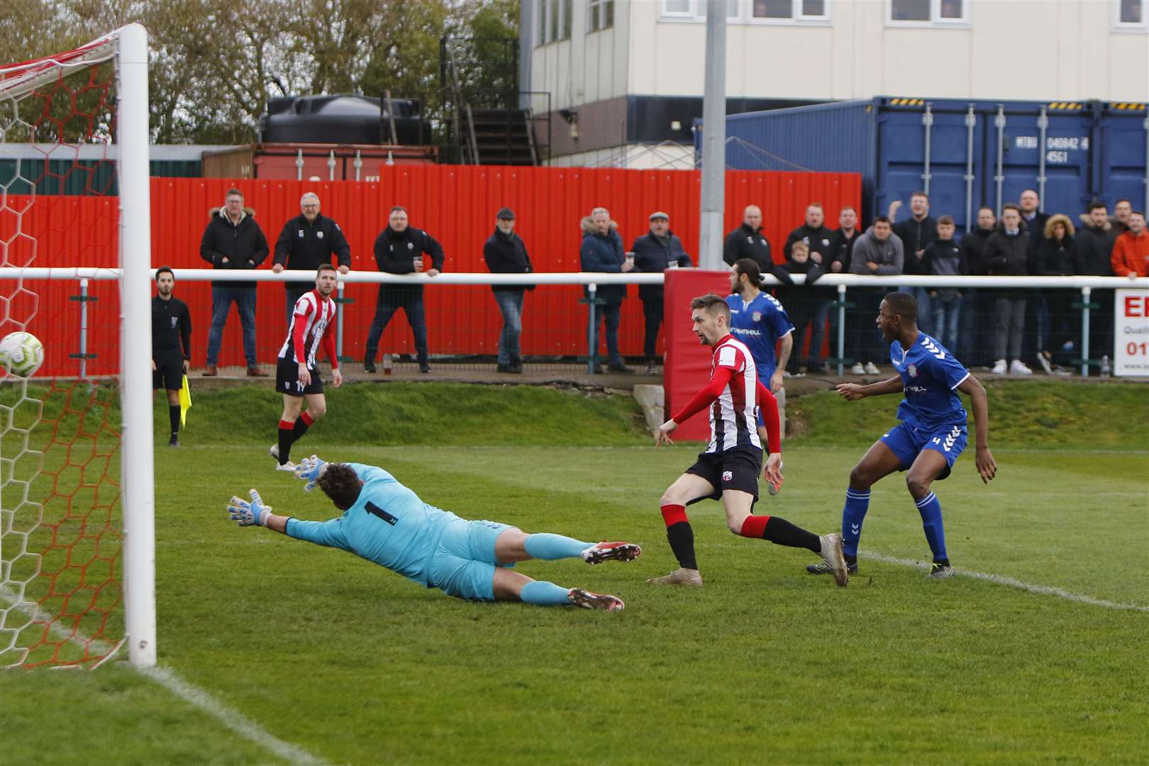 Dan Bradshaw scores one of his 45 goals for Sheppey United last season, against Beckenham Town Picture: Andy Jones