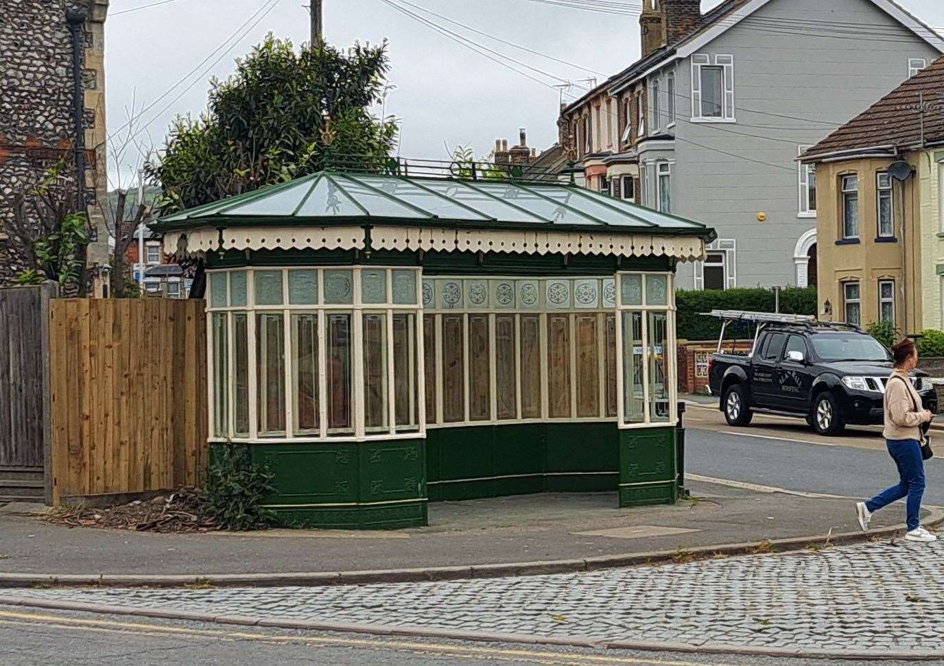 A local landmark, the old tram shelter at the corner of Folkestone Road and Elms Vale Road Dover