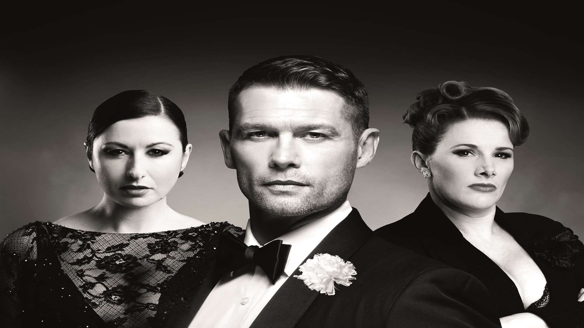 John Partridge as Billy Flynn in Chicago with Hayley Tamaddon as Roxie Hart (left) and Sam Bailey as Mama Morton