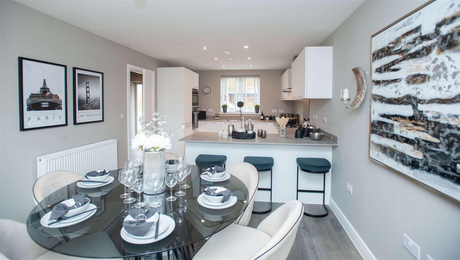 The kitchen/dining room of the Lancaster showhome at Bellway’s Blenheim Green development in Kings Hill.