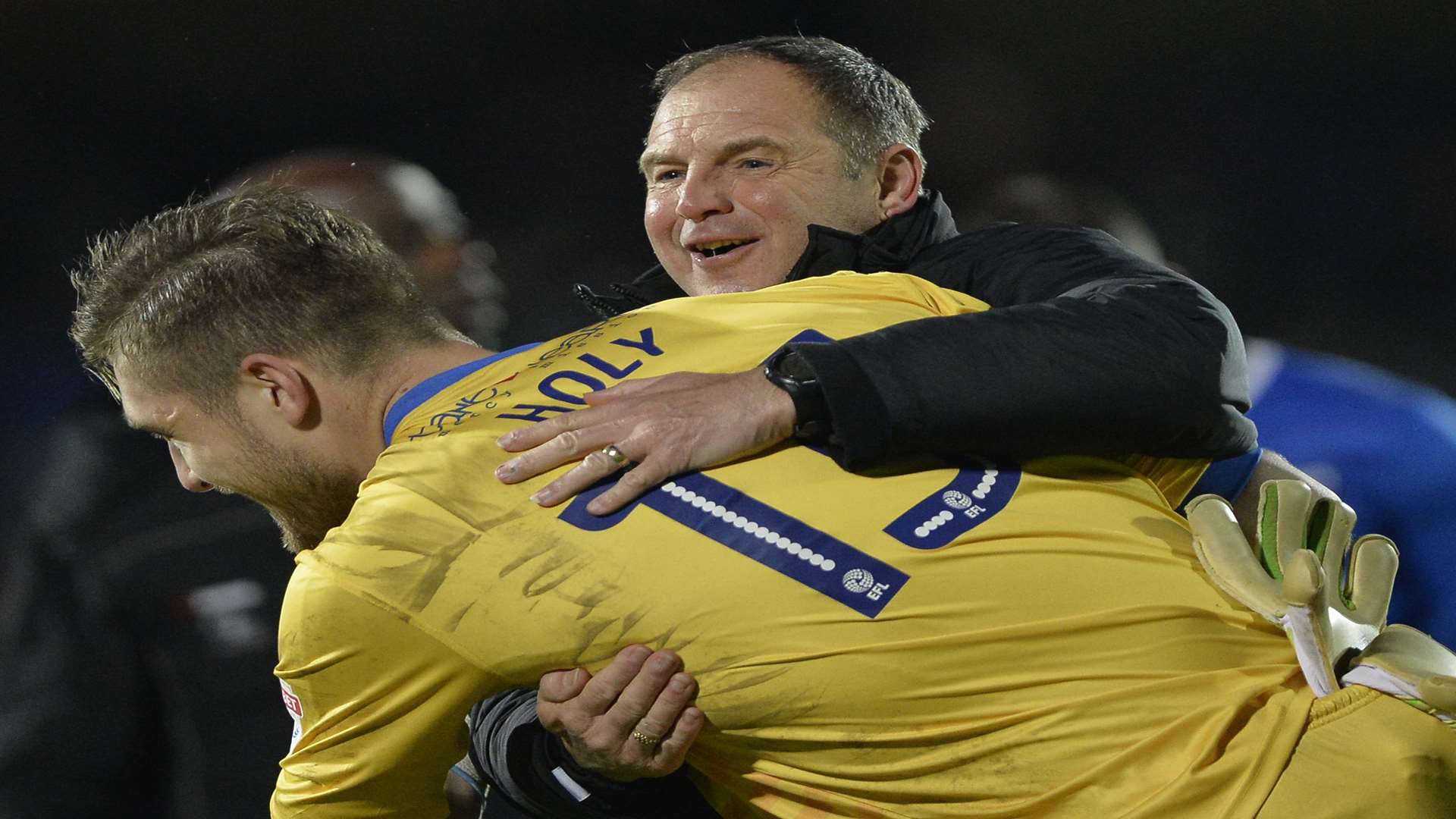 Gills boss Steve Lovell embraces keeper Tomas Holy at full-time on Saturday Picture: Ady Kerry