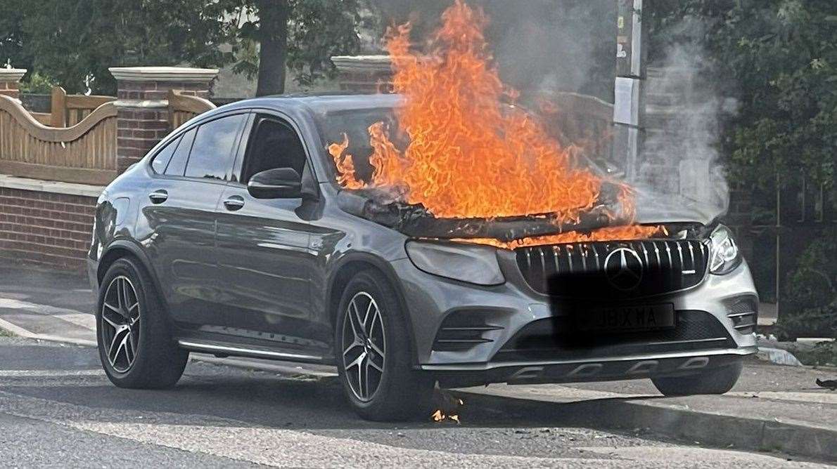 A burning Mercedes Benz in Maidstone Road, Rainham
