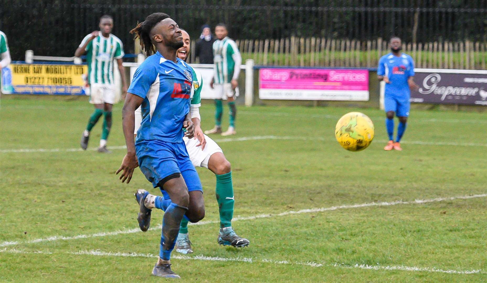 Ex-Herne Bay midfielder Bola Dawodu this Saturday faces a Winch's Field return with Bowers & Pitsea. Picture: Alan Langley