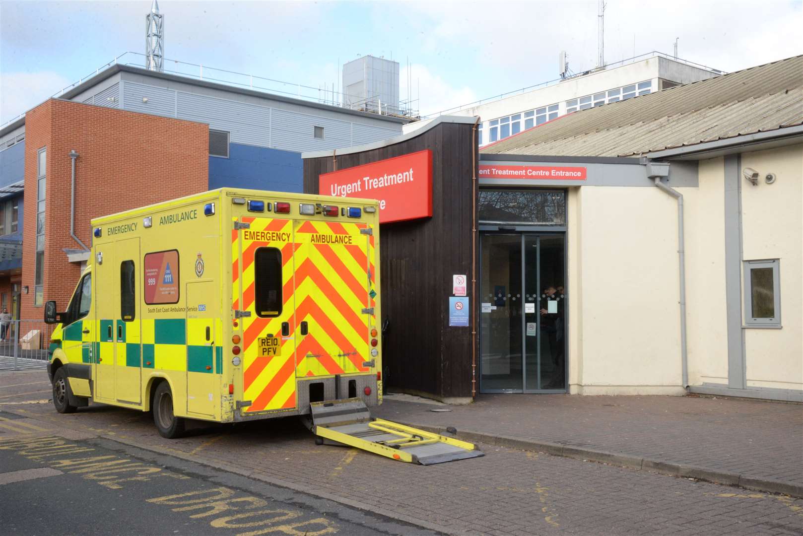 An ambulance at Medway Maritime Hospital where it's reported there have been five-hour waits to transfer patients