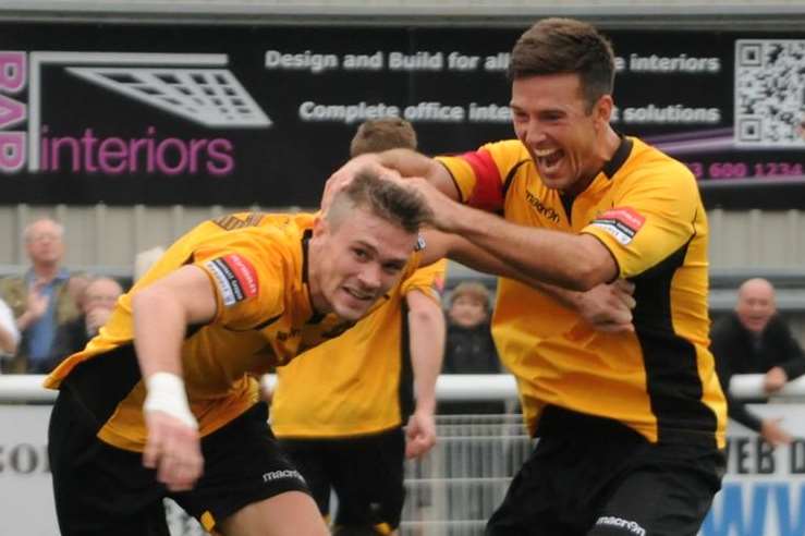 Jack Parkinson celebrates scoring in Maidstone's FA Cup win over Welling Picture: Steve Terrell