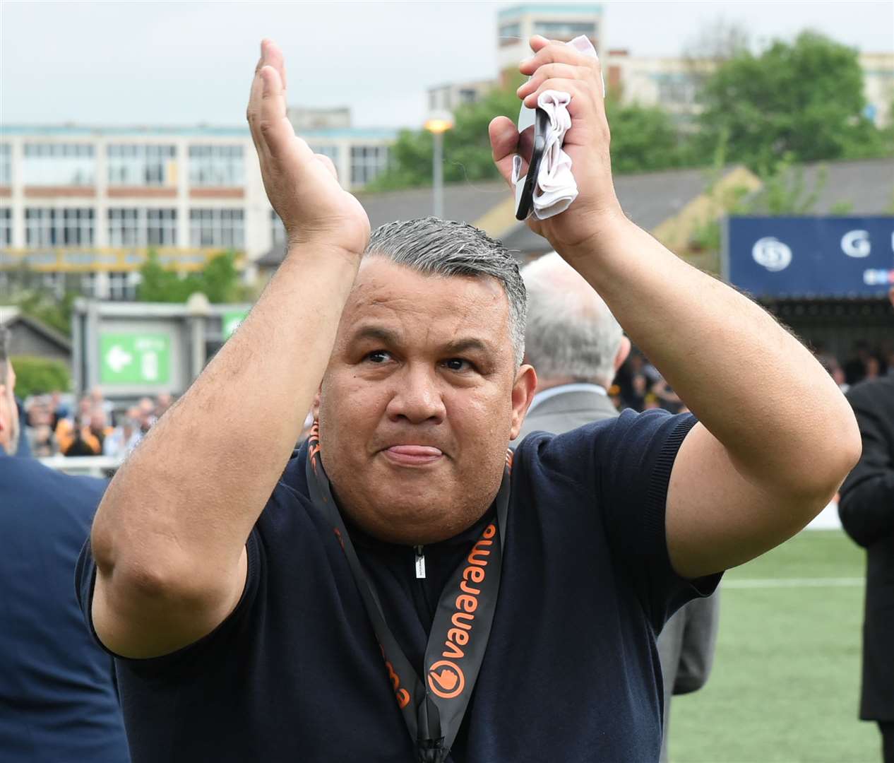 Maidstone United manager Hakan Hayrettin celebrates National South title success. Picture: Steve Terrell