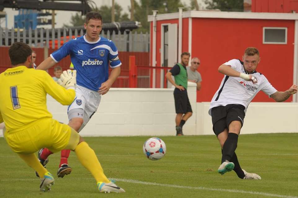 Billy Brignall fires in a shot for Ebbsfleet against Portsmouth on Saturday. Picture: Steve Crispe FM3319326