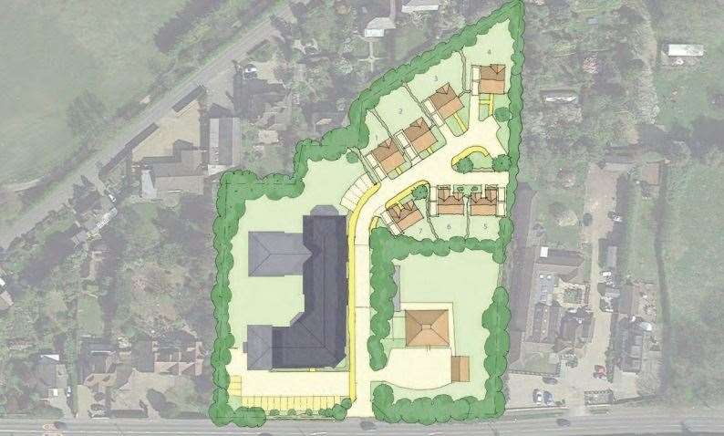 A site layout detailing the care home, bungalows and existing house