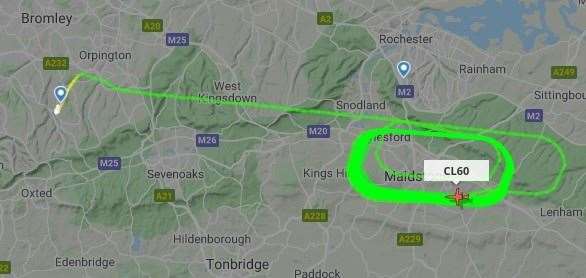 The route of the Bombardier Challenger 650 which has been circling over Maidstone today. Image: FlightRadar24