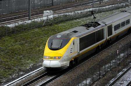 A Eurostar being tested on Monday runs very slowly towards the Channel Tunnel