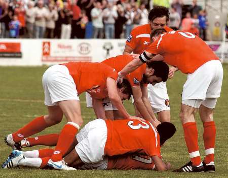 Ebbsfleet players celebrate the second goal against Chelmsford