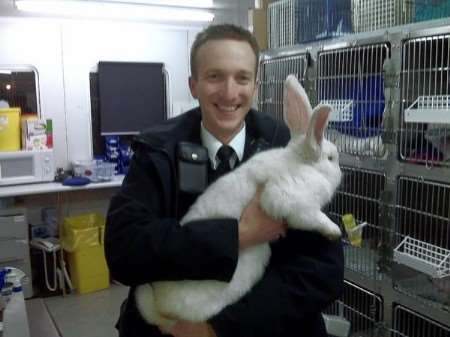 PC Matt Jackson with the rabbit, safely in custody