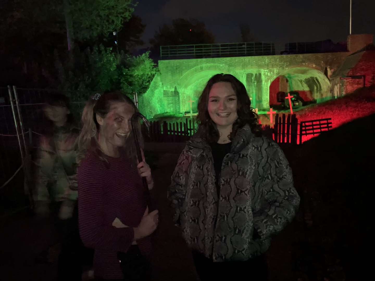 Reporter Megan Carr with one of the scare actors at Fort Amherst. Picture: Megan Carr