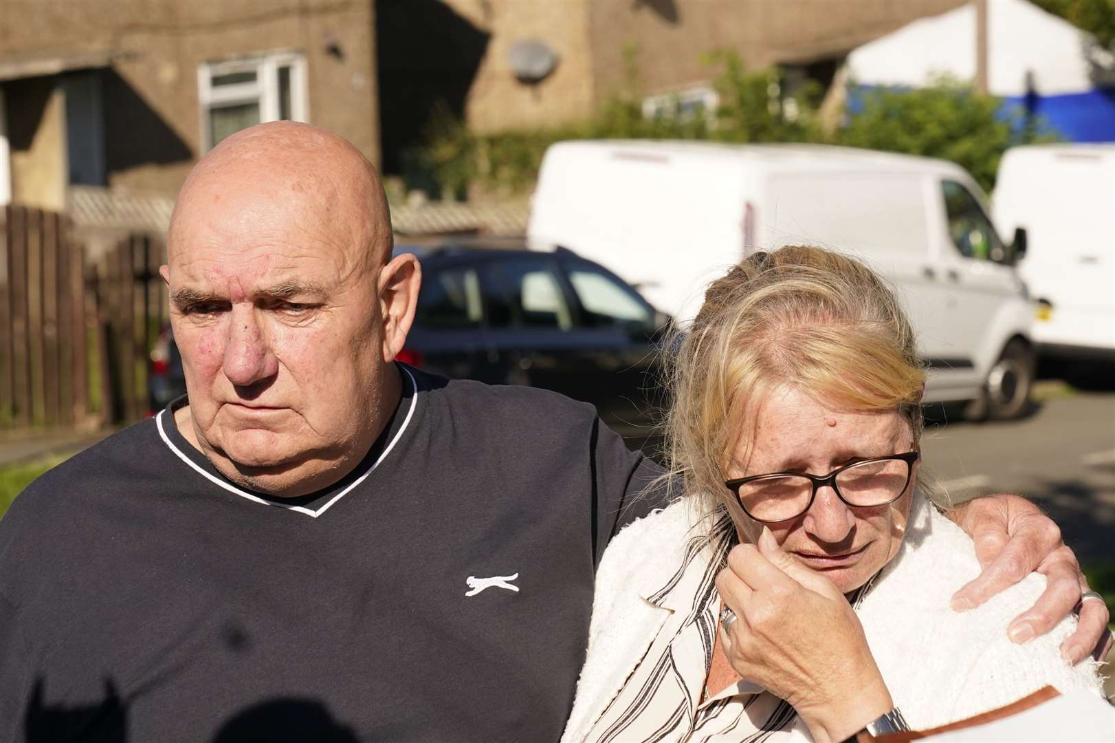 Debbie and Trevor Bennett, the grandparents of two of the victims, speaking to the media (Danny Lawson/PA)