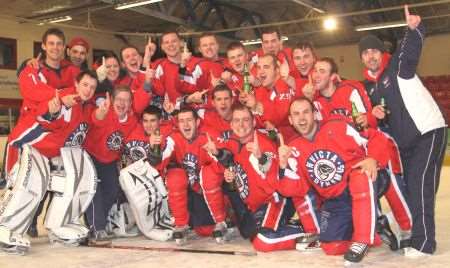 Invicta Dynamos celebrate winning the 2009-10 ENIHL South title at the Isle of Wight Raiders