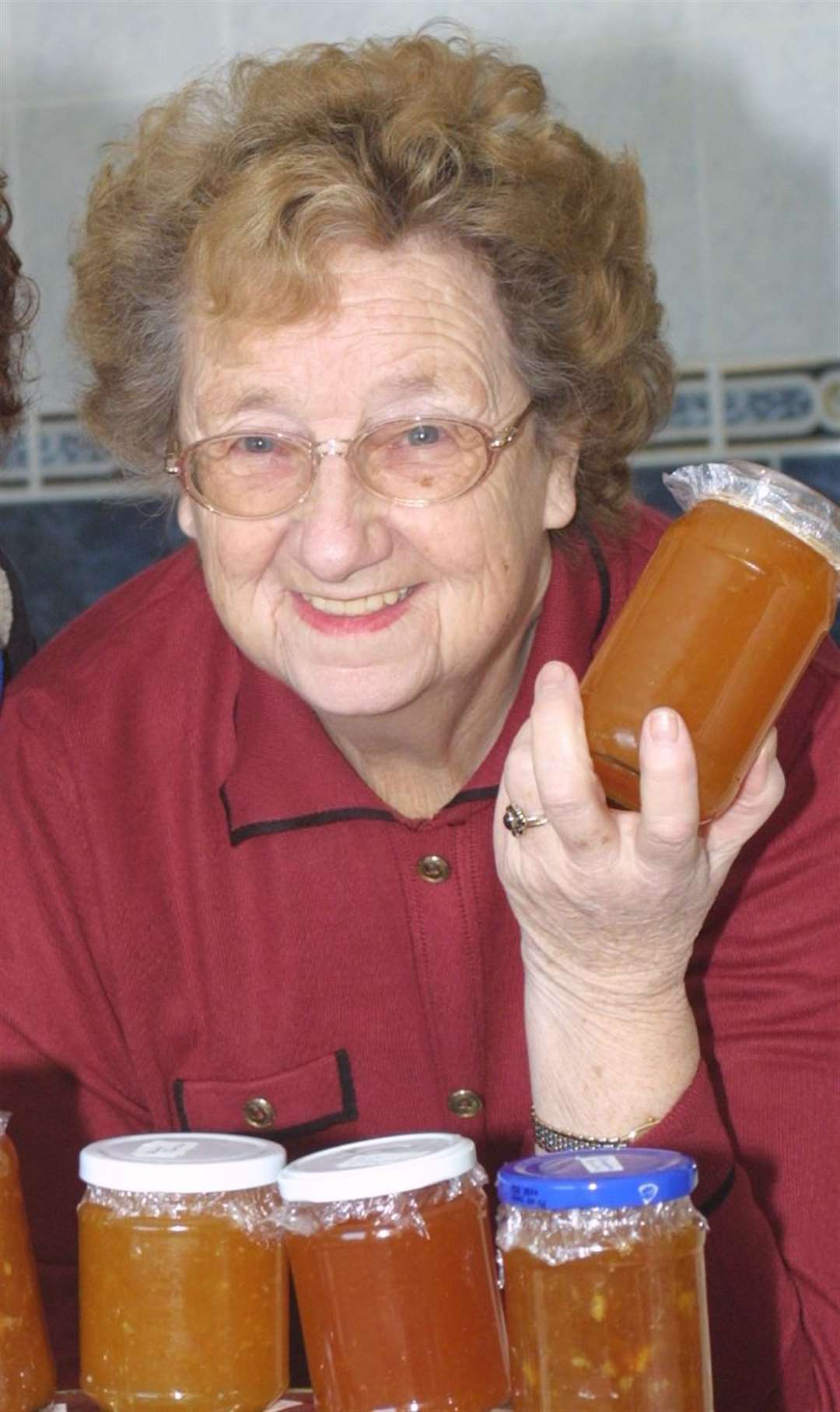 Pat Oakeshott with her fundraising marmalade. Much of it raised money for ellenor hospice but this batch was to support the Stop Cliffe Airport campaign, a proposal which threatened the area.