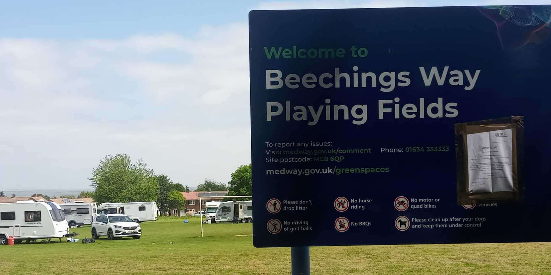 An unauthorised Traveller encampment has returned to Beechings Way Playing Fields in Twydall