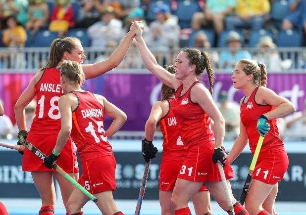 Grace Balsdon celebrates scoring England's second goal in the 2-0 win over South Africa in the Commonwealth Games on the Gold Coast