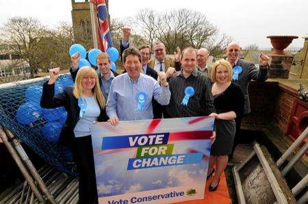 Louise and Gordon Henderson, front left, and members of the local Conservative party on the roof of the Conservative Club.