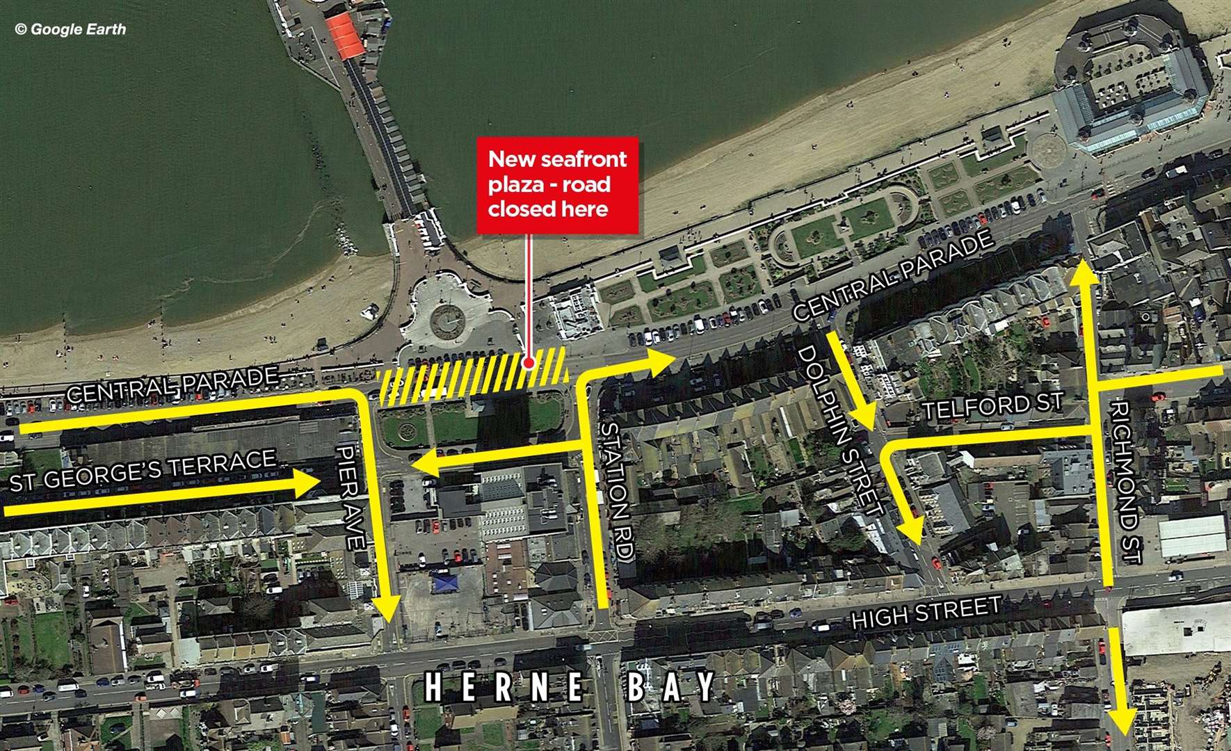 A graphic showing the new one-way system in Herne Bay and the recently installed Central Parade plaza