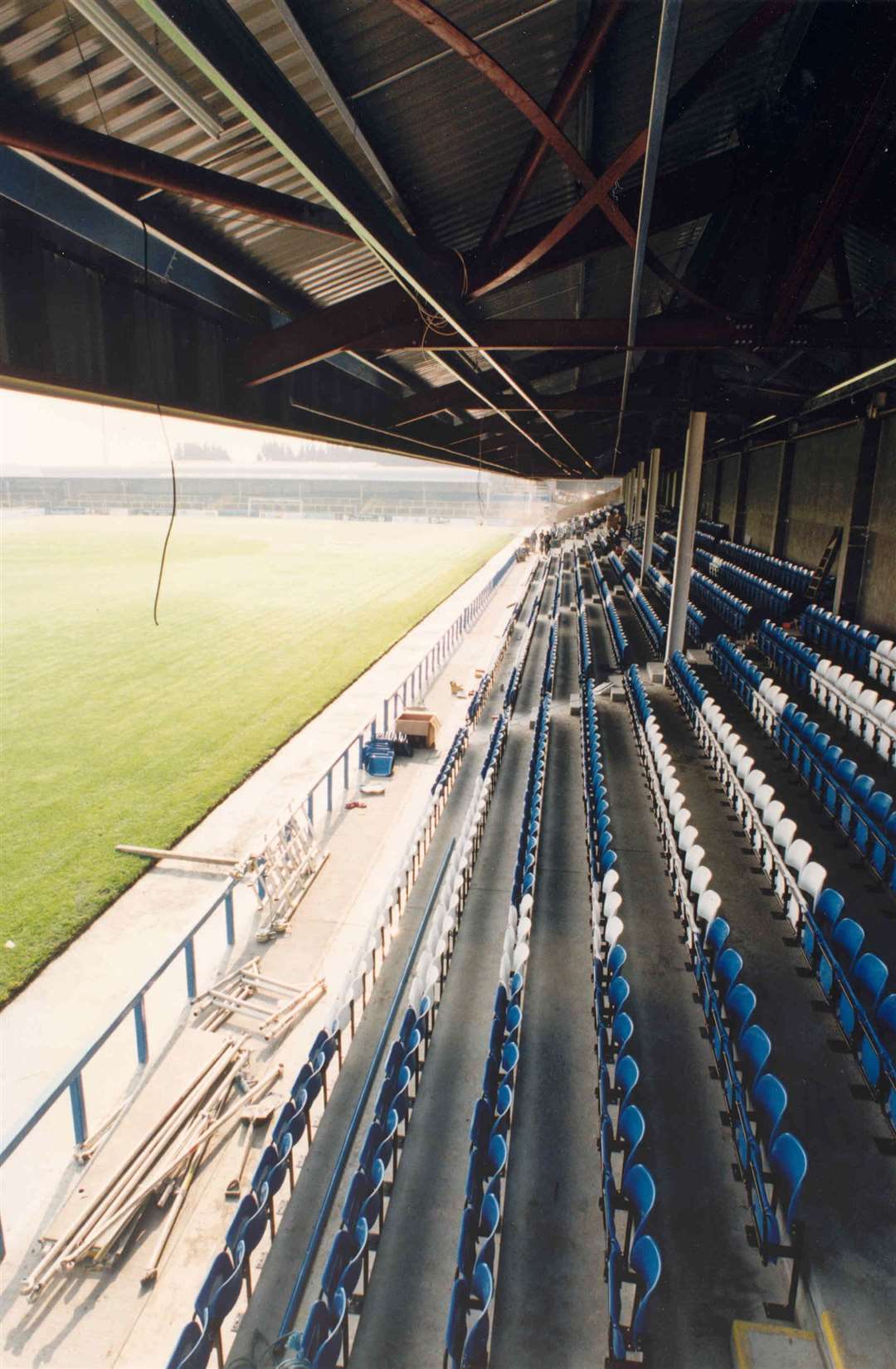 Gillingham's new Gordon Road Stand under construction in 1997 – note the old Rainham End terrace in the background