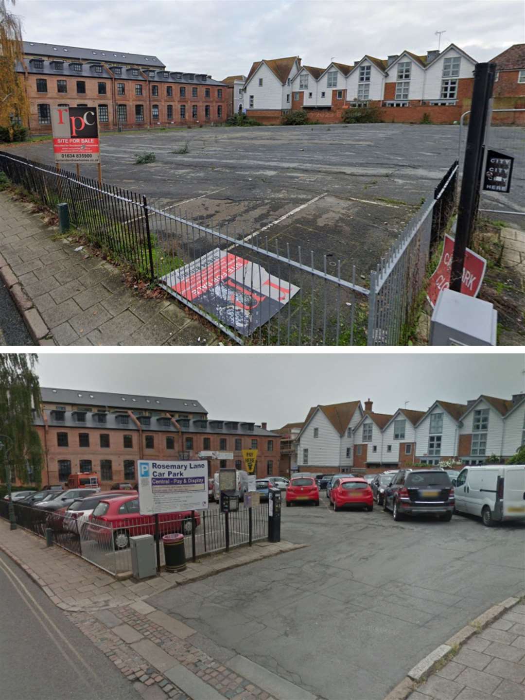Rosemary Lane car park in Canterbury has now been shut for three years (top) and as it was in use in 2019. Picture: Google