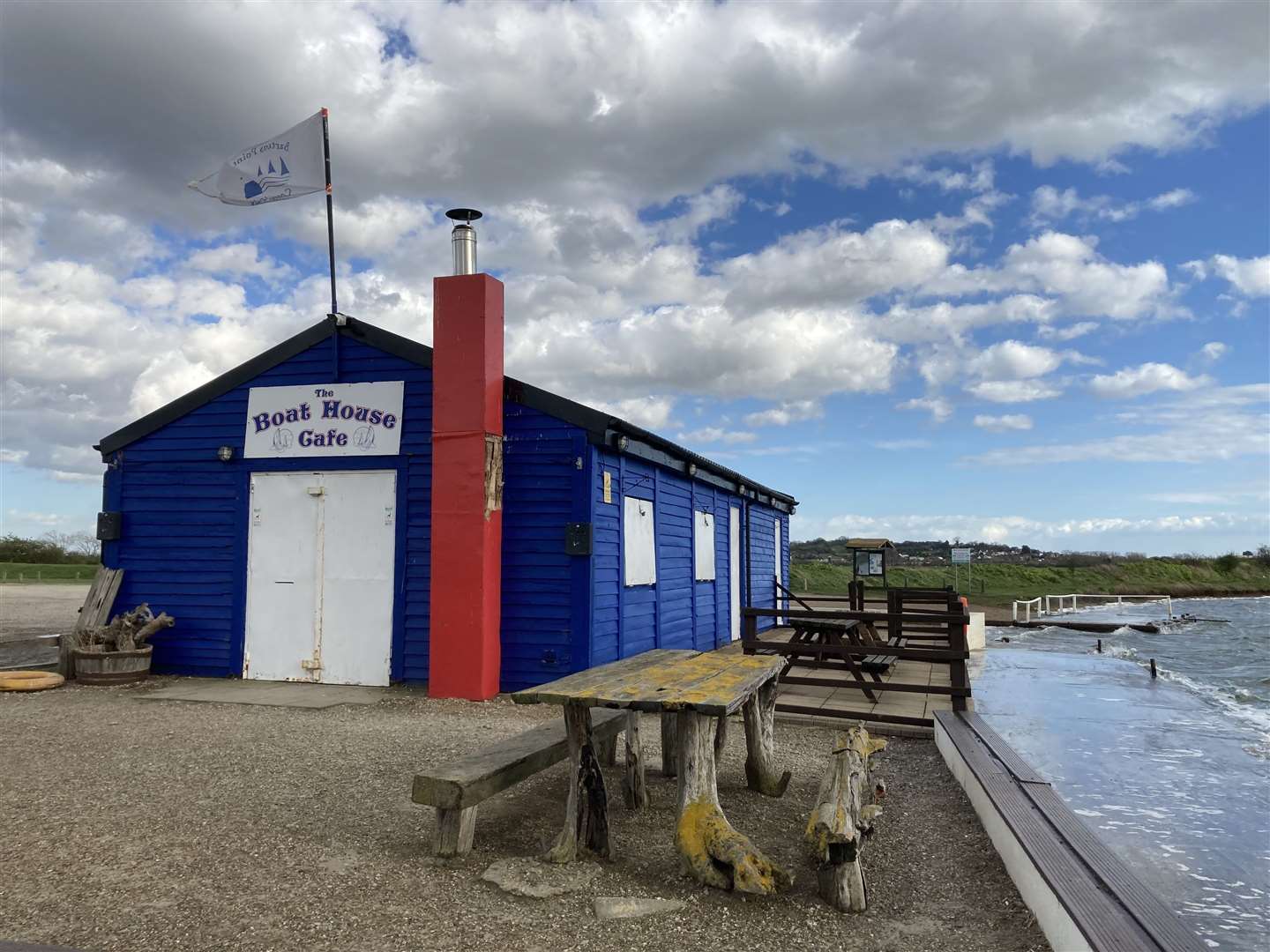 The Boat House cafe and boating lake at Barton's Point Coastal Park at Sheerness on the Isle of Sheppey
