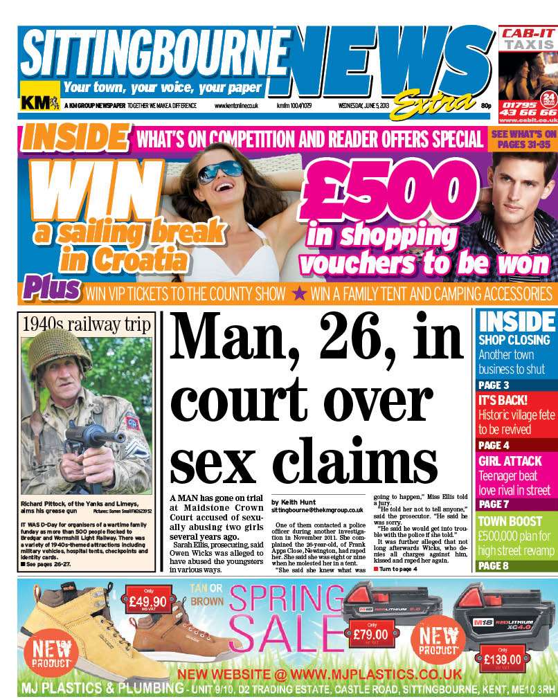 The front of this week's Sittingbourne News Extra - out at shops from Wednesday