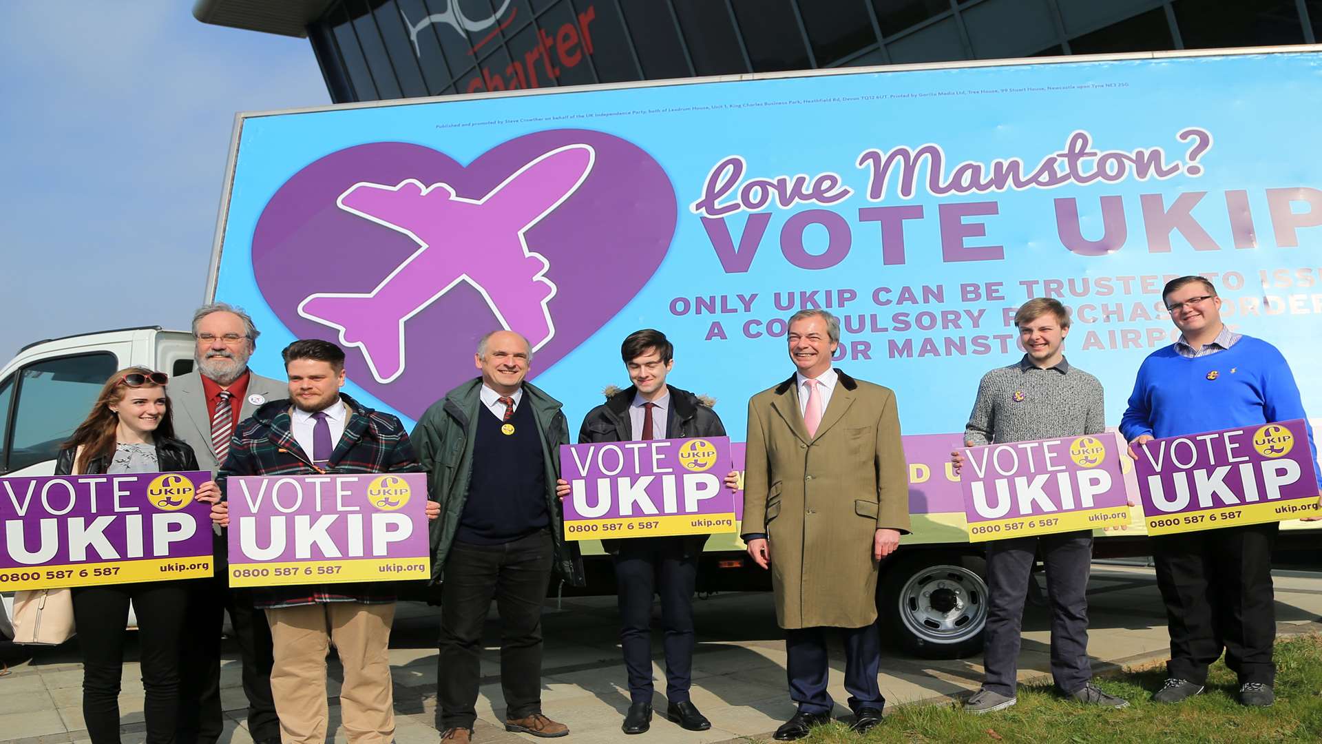 Nigel Farage and Ukip campaigners with the Save Manston poster truck.