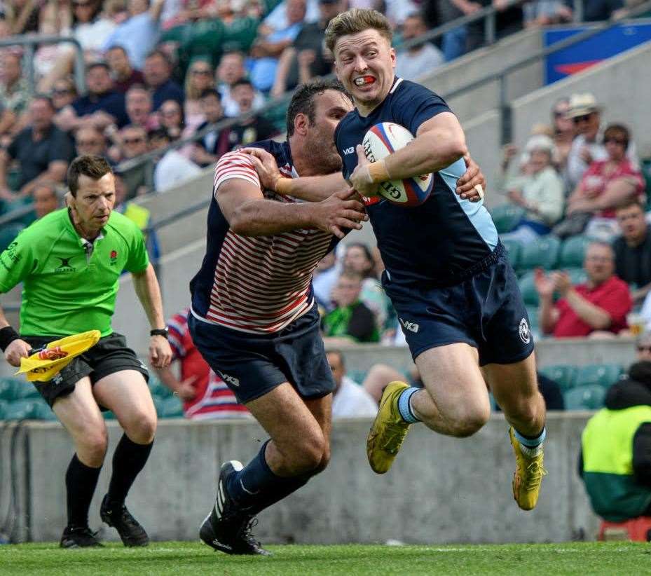 Alfie Orris on his way to a try for Kent against Lancashire in the Bill Beaumont County Championship Final at Twickenham. Picture: ICPhotoImages