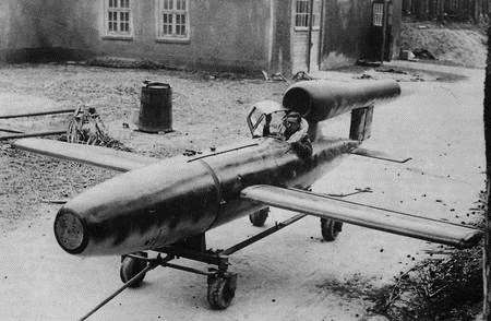 The captured rocket plane, without warhead, at its base in Dannenberg, Germany