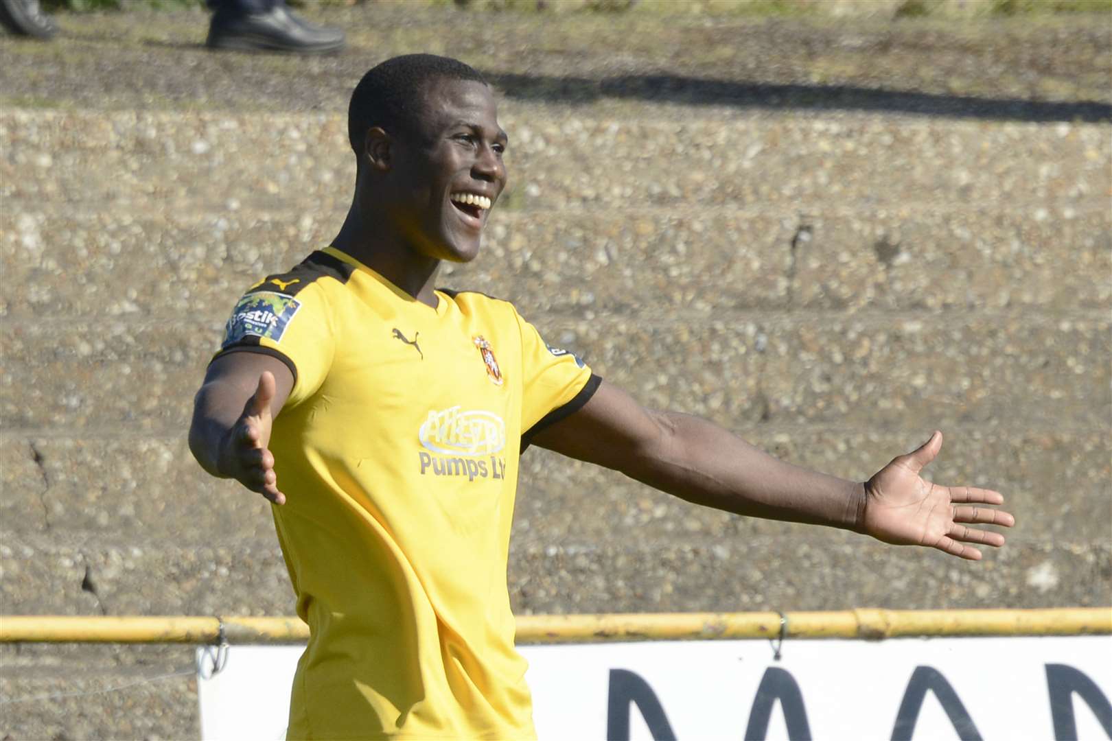 Ade Yusuff celebrates a goal for Folkestone Invicta during his last spell at the club Picture: Paul Amos