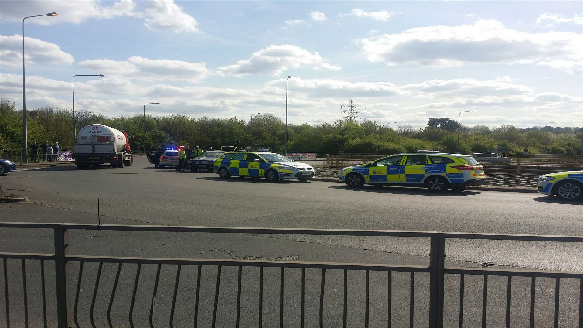 Police on the Key Street roundabout yesterday