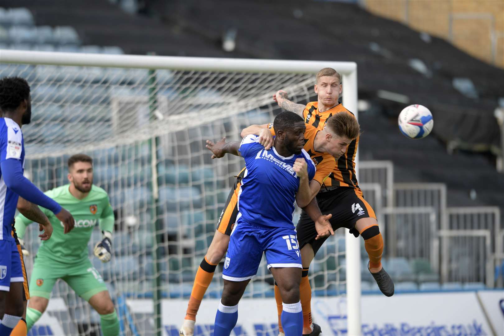 John Akinde in action as the Gills look to make something happen in the Hull box on Saturday Picture: Barry Goodwin
