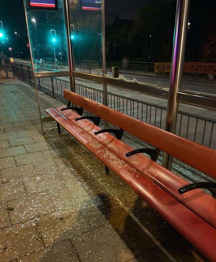 A Fast Track bus shelter was smashed up on Tuesday night