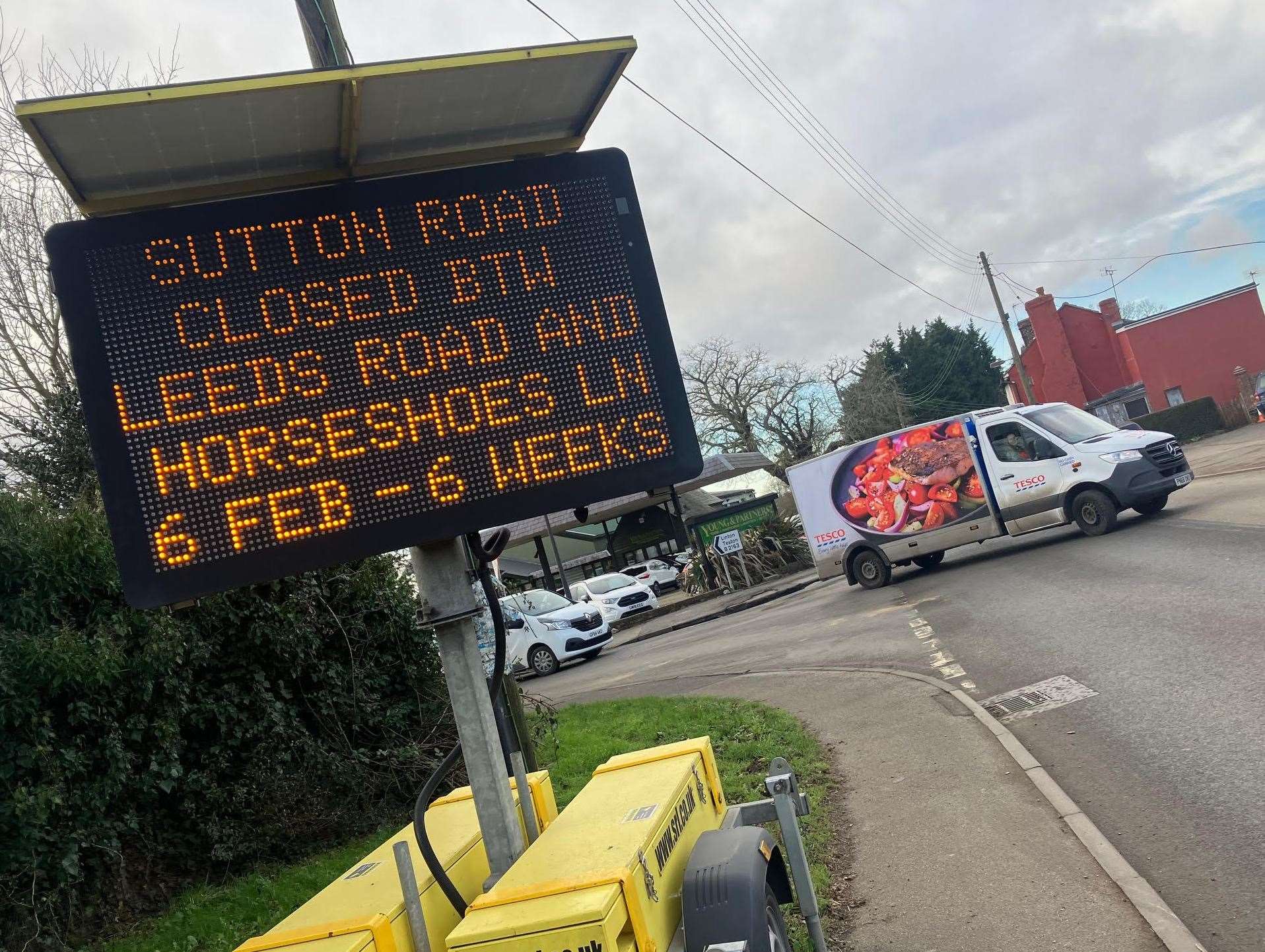 A sign on the A274 notifying residents of a road closure for six weeks