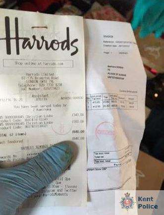 Harrods receipt showing the brothers' lavish spending. Picture: Kent Police (6103160)