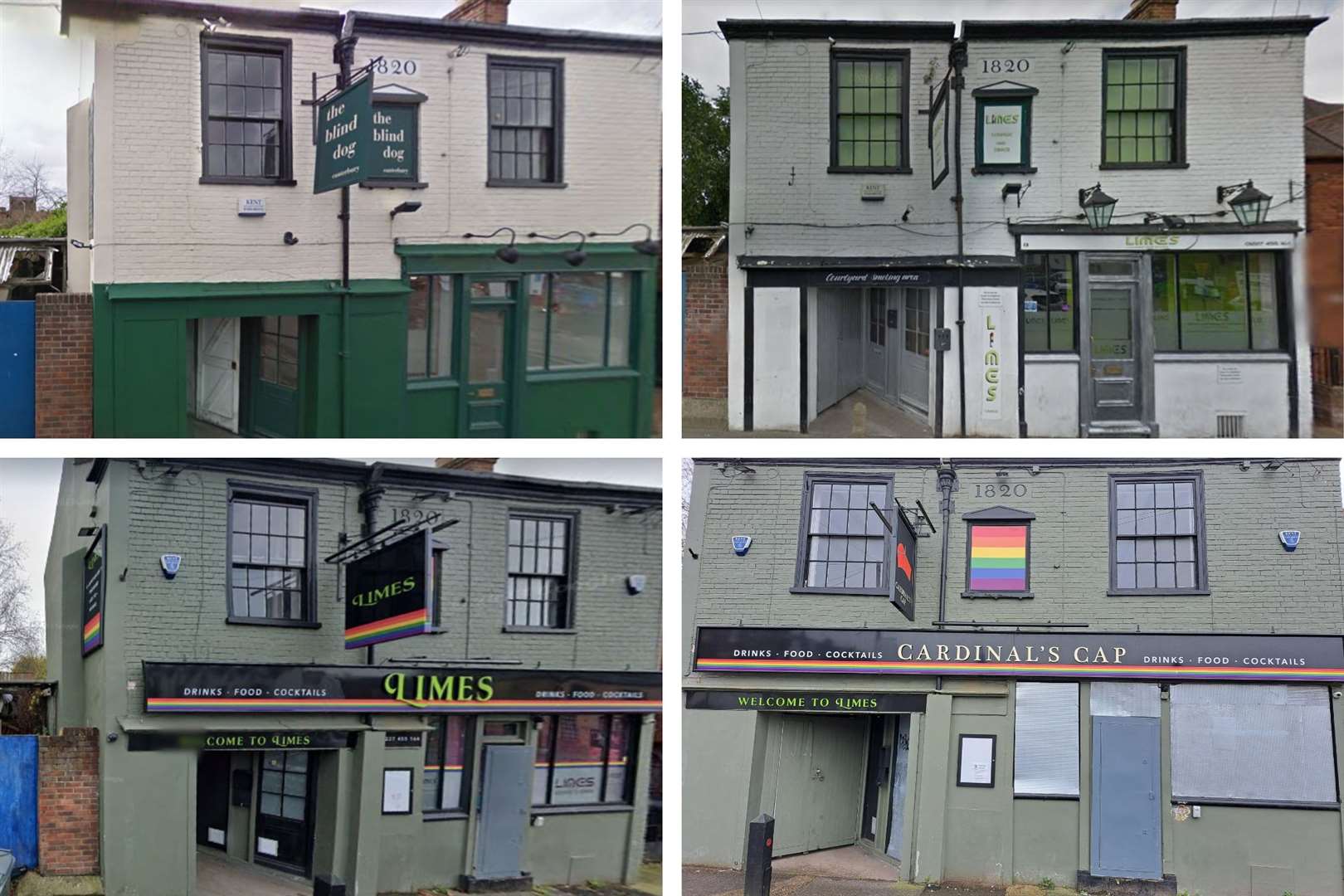 The venue as it was (from top left) The Blind Dog in 2009, Limes 2014, Limes 2022 and The Cardinal's Cap 2023