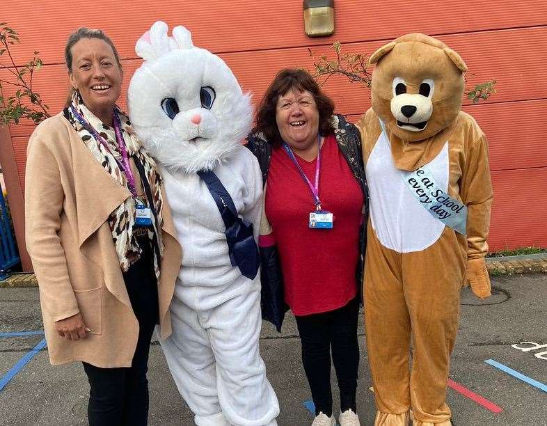 Headteacher Carrie Old and family liaison officer Bernadette Vincent with the mascots. Picture: Cecil Road Primary and Nursery School