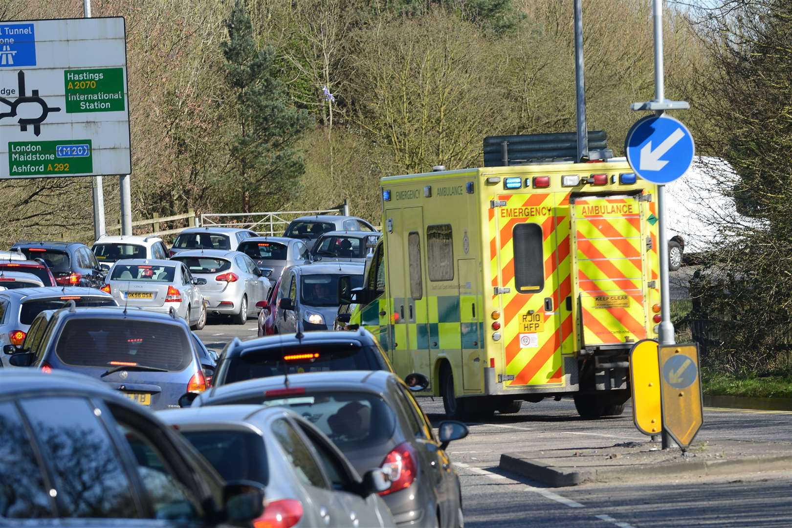 An ambulance trying to make it through to Junction 10 in 2016; Cllr Paul Bartlett thinks the removal of some traffic lights has helped traffic flow