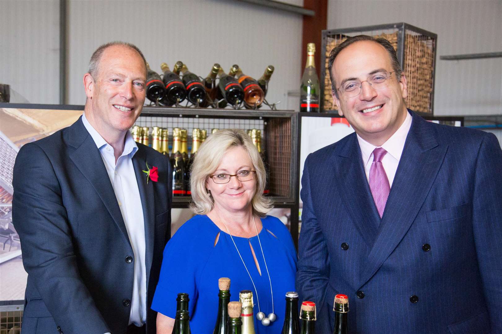 Frazer Thompson, Sandra Matthews-Marsh and Michael Ellis at Kent vineyard Chapel Down during English Wine Week