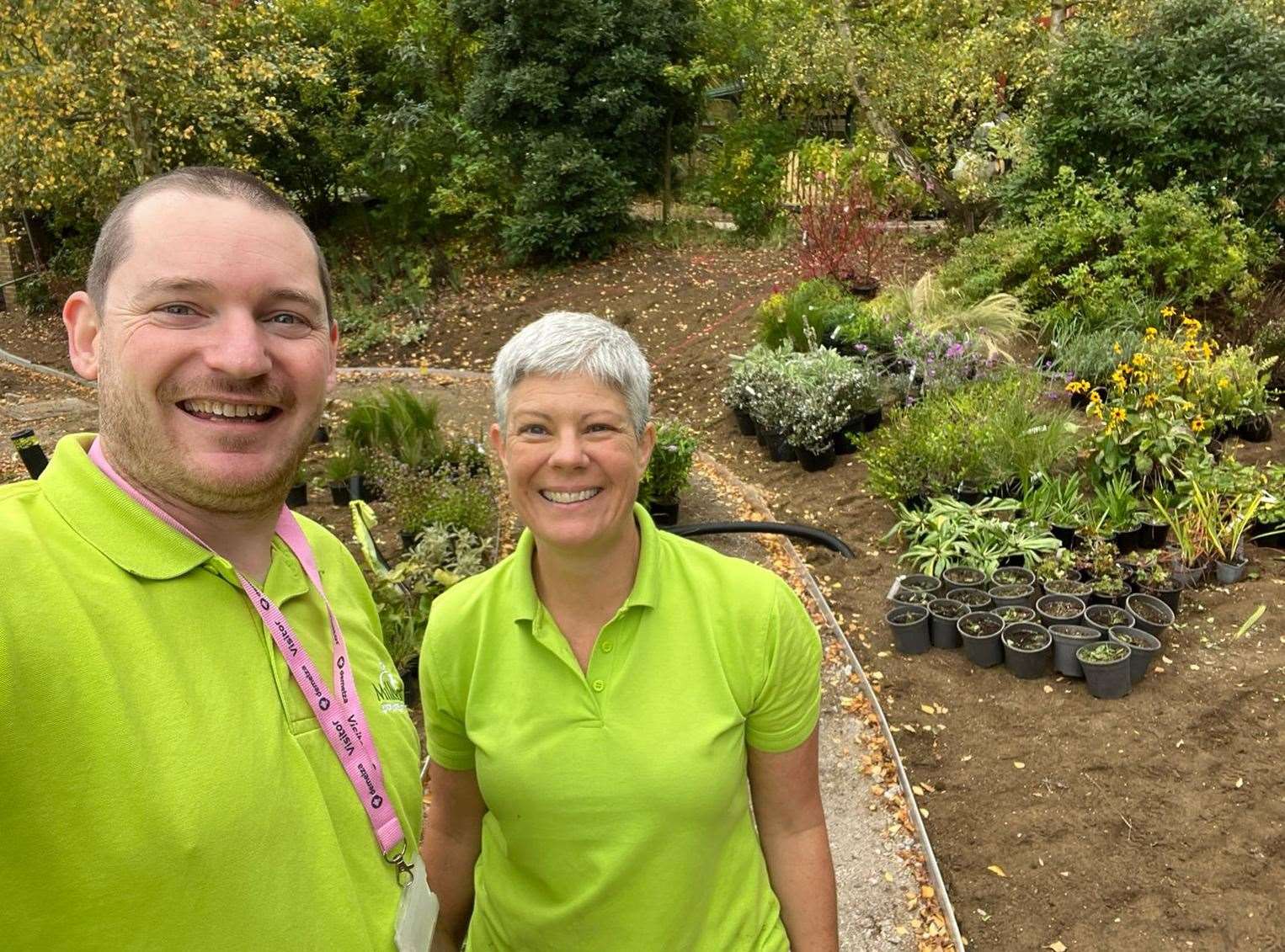 Millbrook’s Dan Stevens, Senior Plant Manager and Tammy Woodhouse, Managing Director, helping to plant the new garden at Demelza, Kent. Photo: Millbrook Garden Company
